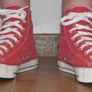 2017 Red Stonewashed High Top Chucks  Wearing 2017 stonewashed red high tops, front view 1.